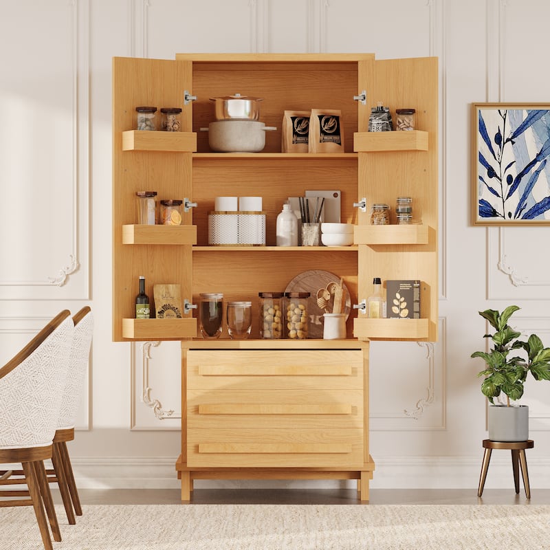 70" Wooden Kitchen Pantry Cupboard with 6 Door Shelves and 3 Drawers