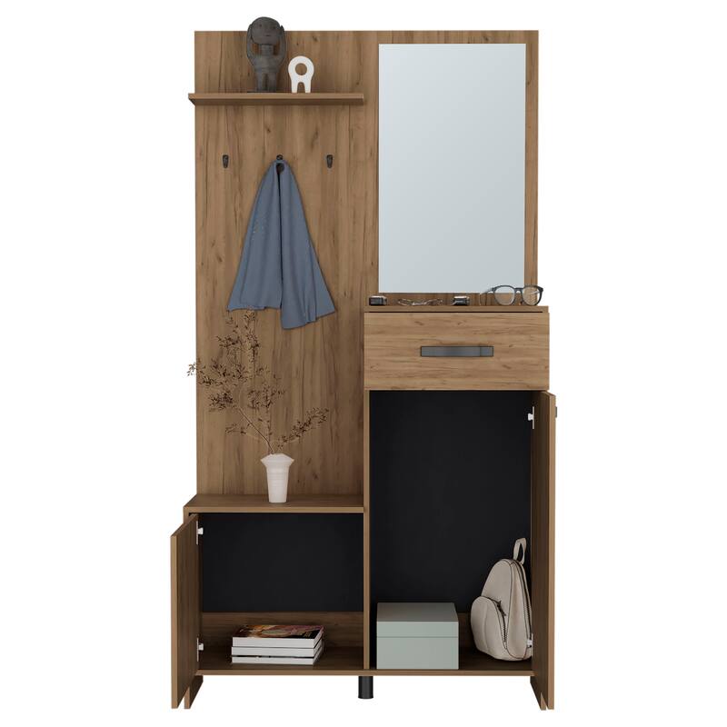 Multi-Storage Hall Tree with Mirror, Cabinets, Shelves, and Hooks for a Stylish and Functional Entryway Setup