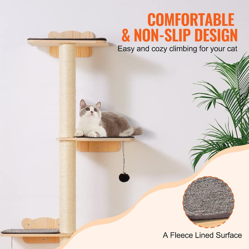 Natural Pine Cat Wall Shelf Set with Rope, Boards & Climbing Posts