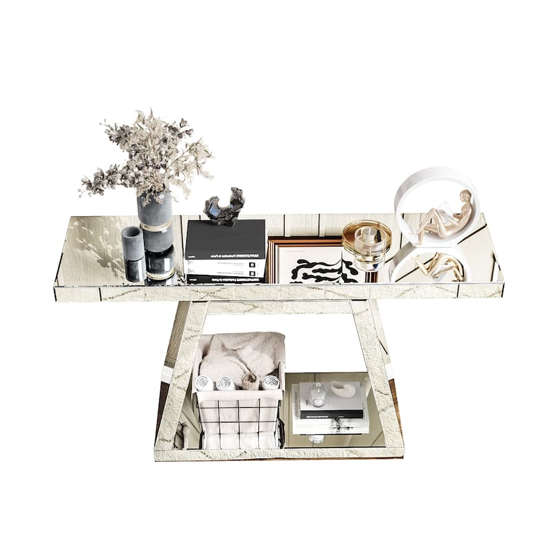 Silver Console Table with Trapezoid Base, Full-Body Mirror Entryway Table