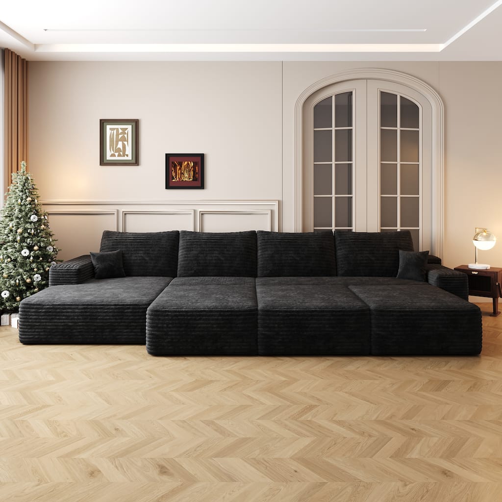 Corduroy Floor Standing Sectional Couch Modular Sleeper Sofa Bed Upholstered Sectional Sofa with Chaise and Ottomans