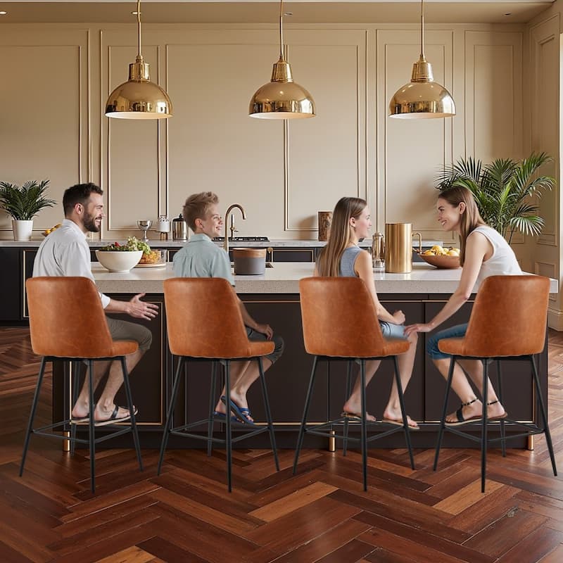 Set of 4 Brown PU Leather Counter Height Bar Stools with Low Backrest and Sturdy Metal Frame - 19.49” x 18.11” x 36.42”