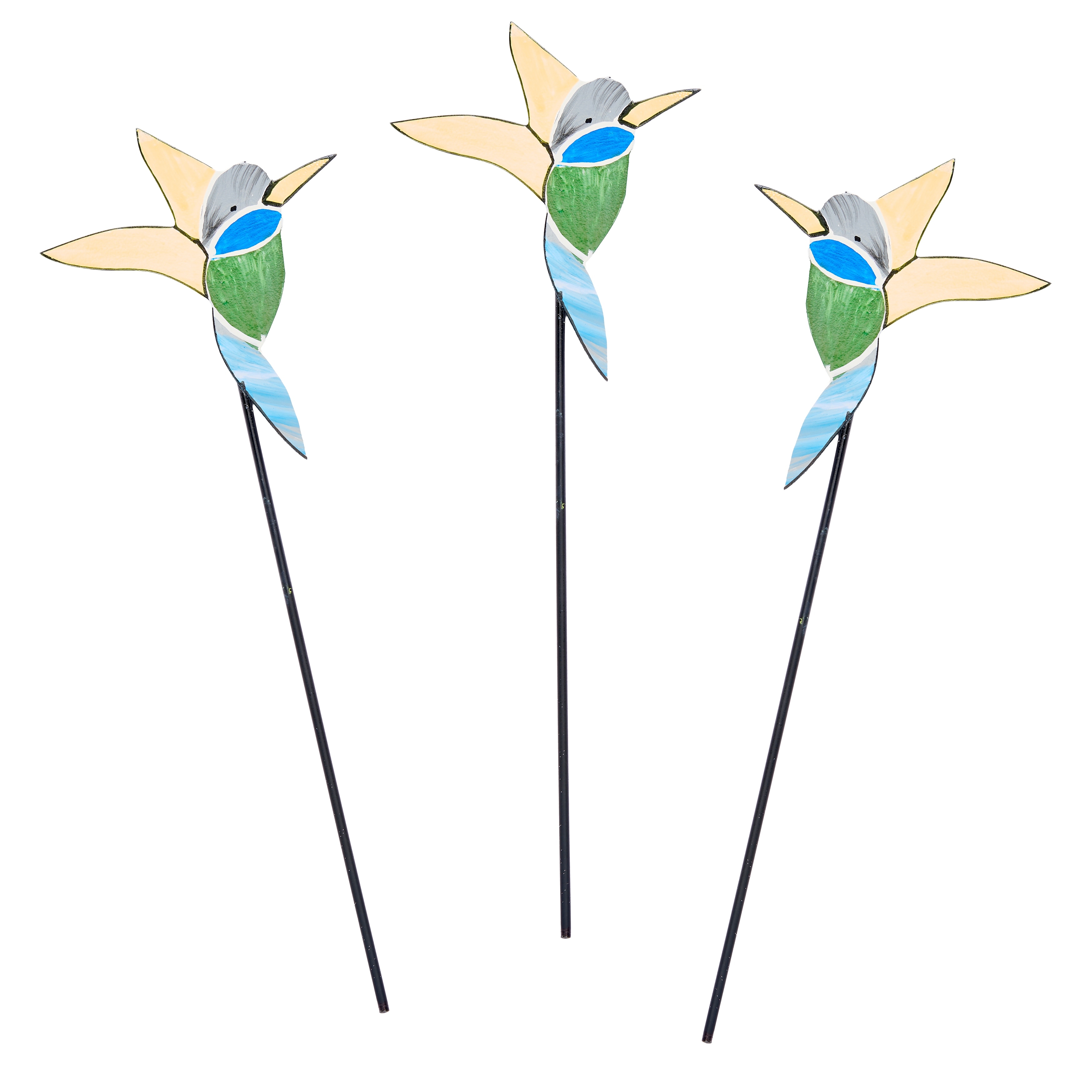 6" Iron Colorful Hummingbird on 9" Planter or Garden Floral Stake, Set of 3