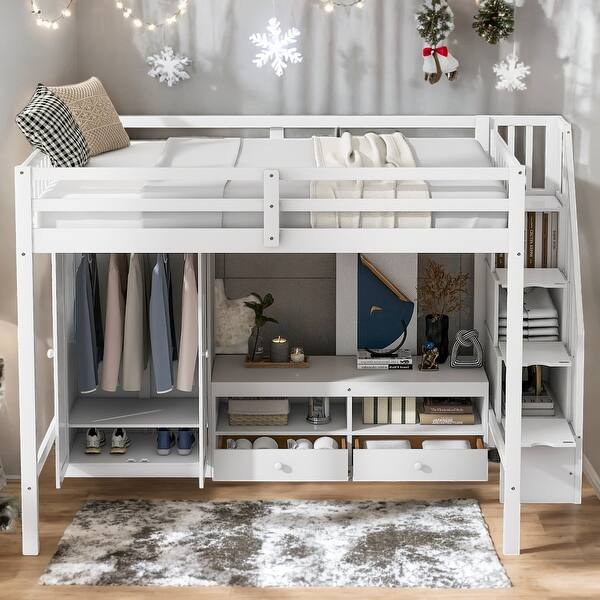 slide 2 of 19, Full Size Loft Bed Frame with Wardrobe, Safe Low Storage Table and Storage Staircase White