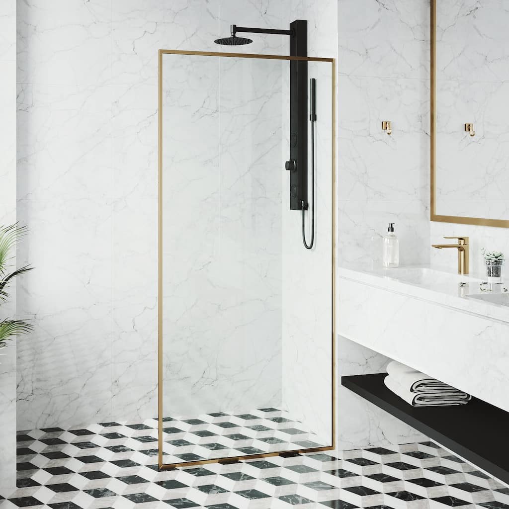 VIGO Meridian 34" W x 74" H Framed Fixed Shower Screen in Matte Brushed Gold