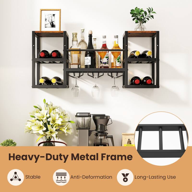 Rustic Brown Wood Wall Wine Rack with Glass Holders and Metal Frame - 35" L x 10" W x 16" H