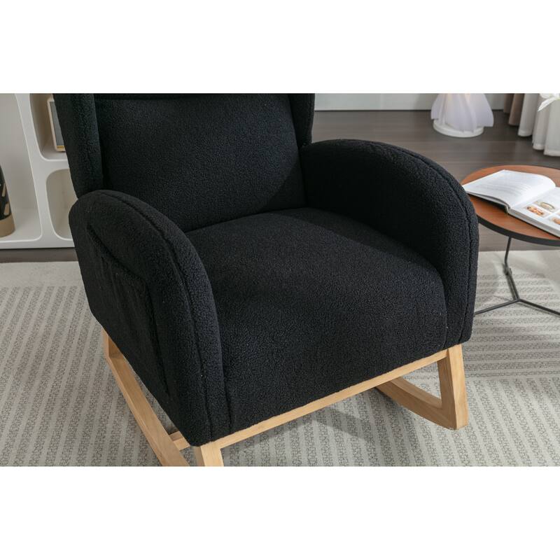 Glider Rocking Chair with Wing Back, Teddy Leisure Chair with Wood Legs, Upholstered Rocker Chair with Side Pocket