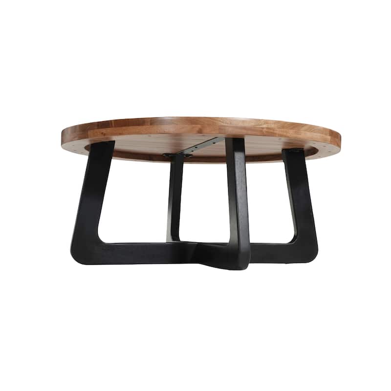 HomeRoots 39" Brown and Black Solid Wood And Iron Round Cross Legs Coffee Table - 39.00 in. x 18.00 in. x 39.00 in.