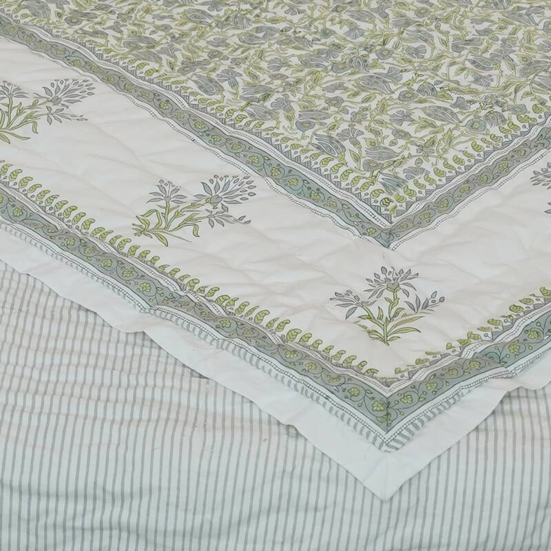 Fabdivine Vegetable Dyed Hand Block Print Cotton Quilt - Blue Green Floral, Eco-Friendly Artisan Bedding Reversible Bedspread - 100" X 104" - Blue, Green