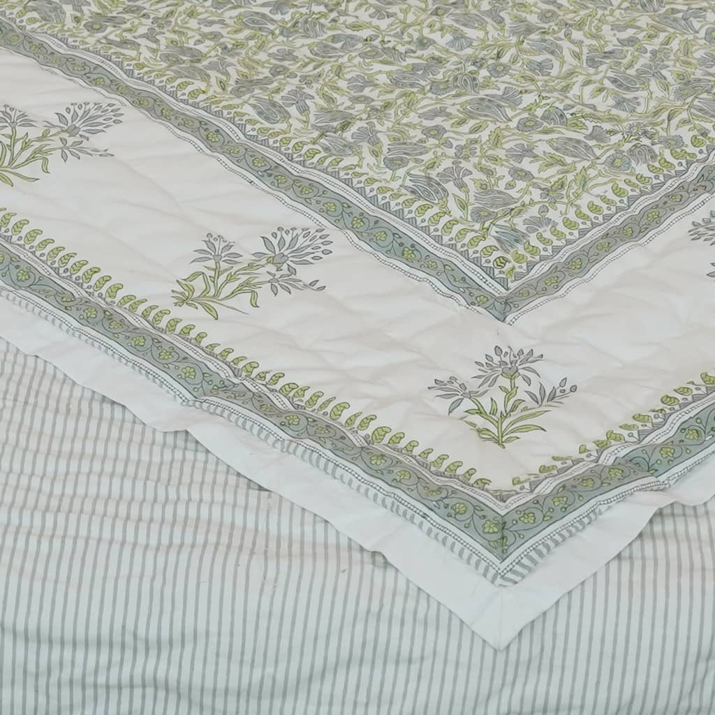 Fabdivine Vegetable Dyed Hand Block Print Cotton Quilt - Blue Green Floral, Eco-Friendly Artisan Bedding Reversible Bedspread