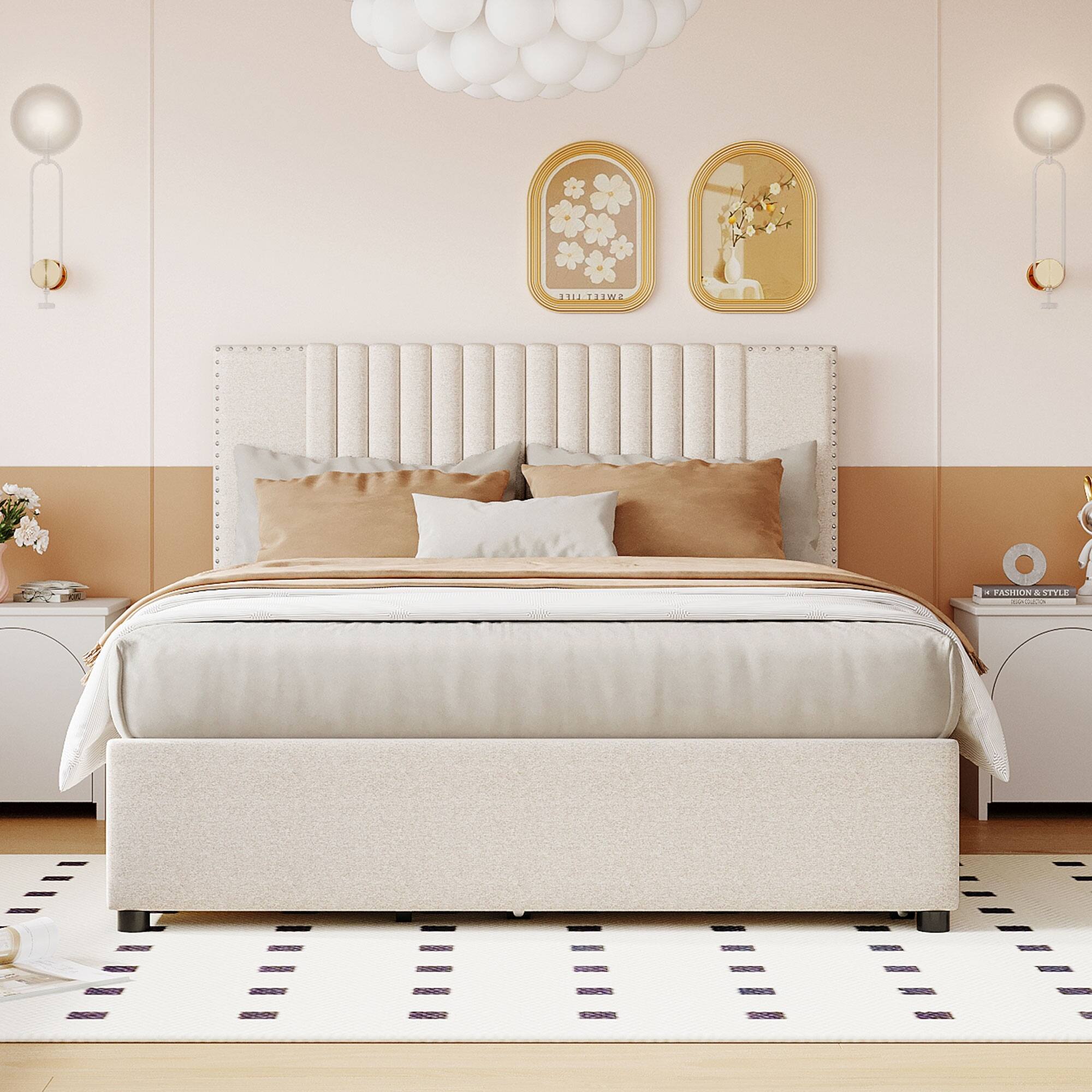 Beige Upholstered Platform Storage Bed with 2 Drawers and Twin Size