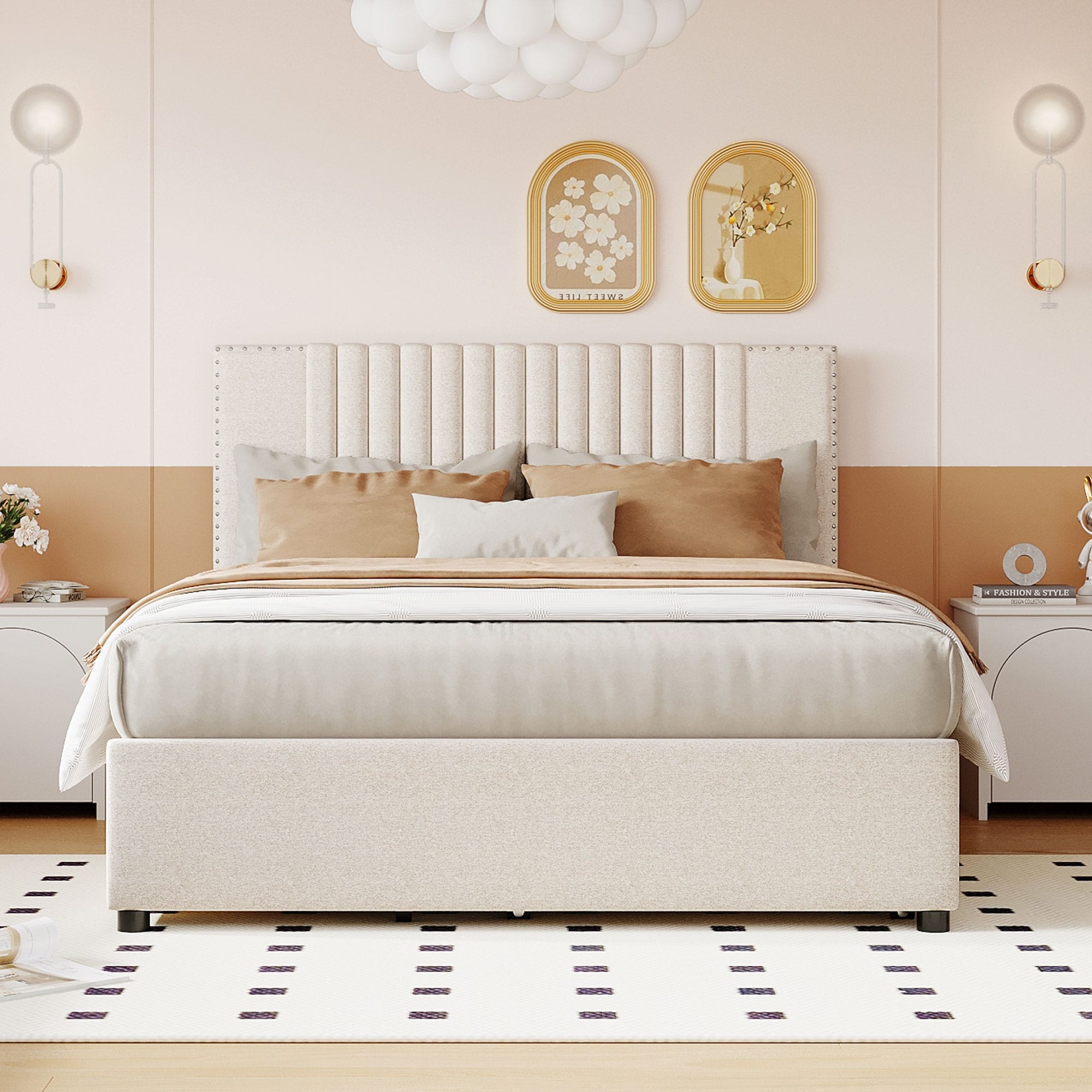 Roomfitters Full Size Upholstered Platform Bed with Twin Trundle, Storage Base, Modern Vertical Channel Headboard, Beige