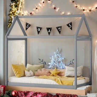 Twin Size Wooden House Bed,House-shaped Design Wooden Bed Frame for Child's Bedroom