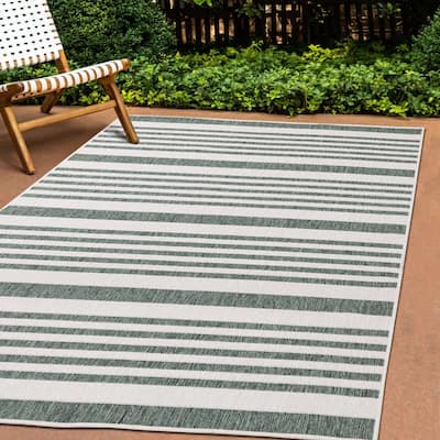 Green Cream Reversible Stripes Indoor/Outdoor Area Rug