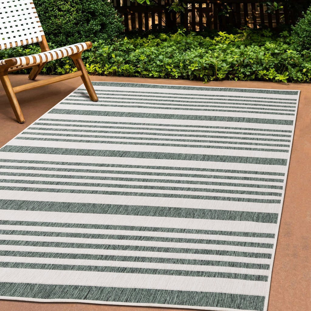 Green Cream Reversible Stripes Indoor/Outdoor Area Rug