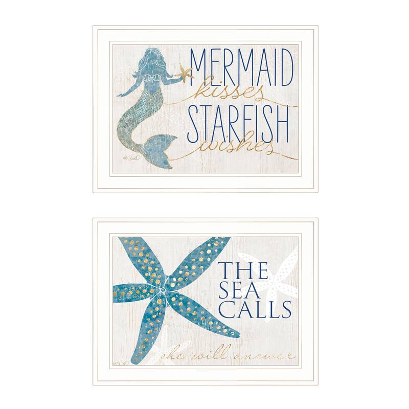 2-Piece Framed Wall Art Set - Mermaid Kisses Starfish Wishes, White Frame