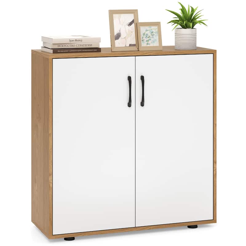 Engineered Wood Storage Bar Cabinet with Adjustable Shelves and Soft-Close Doors - 31.5" L x 13" W x 32.5" H - White-Natural