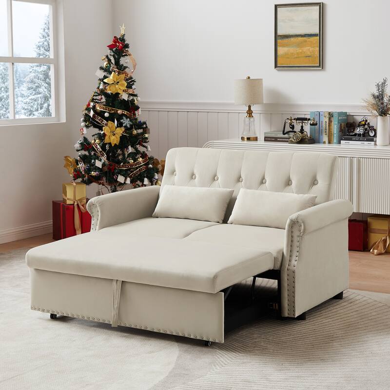 Velvet Convertible Loveseat Sleeper sofa with 2 Lumbar Pillows, Adjustable Pull-Out Bed and Removable Armrest