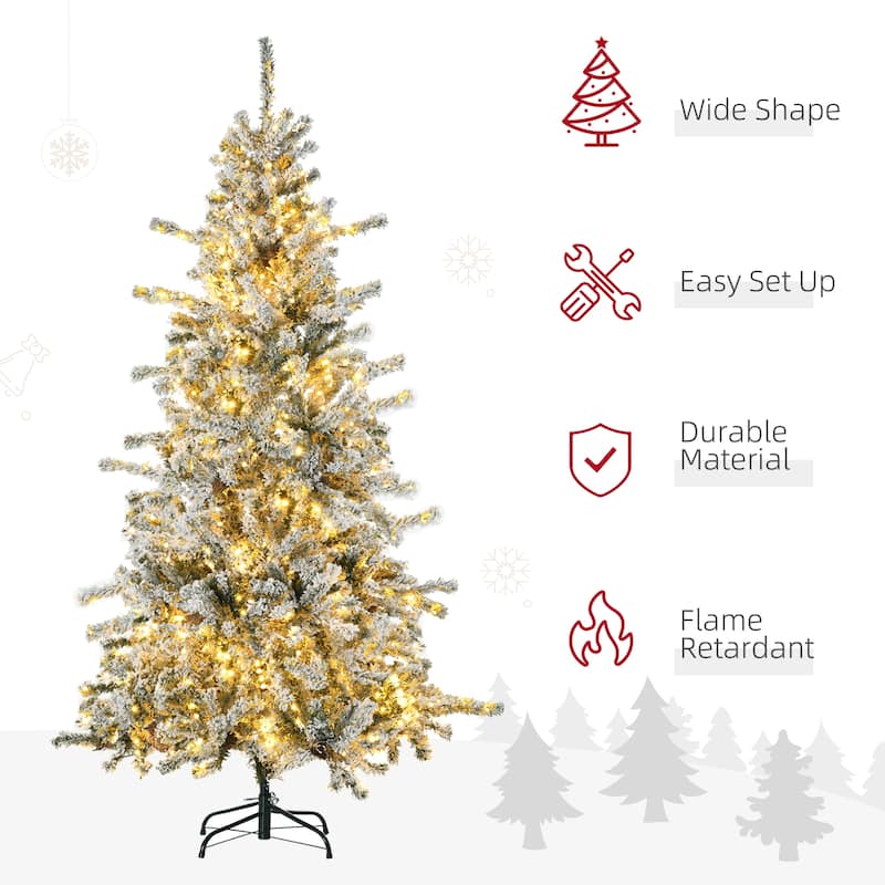 HOMCOM 6ft Tall Prelit Artificial Christmas Tree Holiday Décor with 838 Snow Flocked Branches, 350 Warm White LED Lights, Green