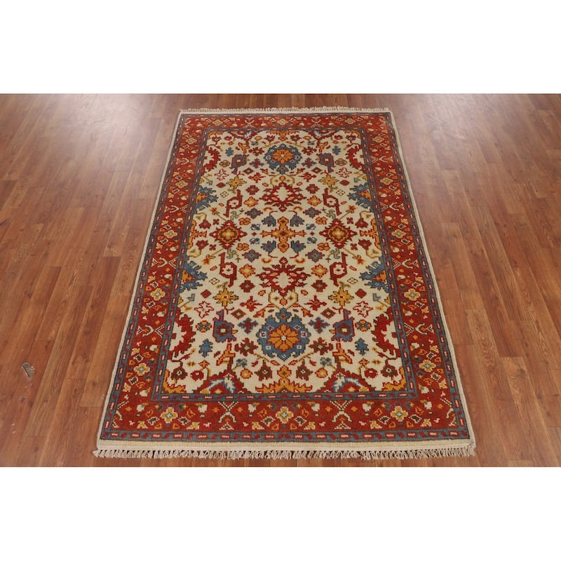 Beige / Ivory Oushak Oriental Accent Rug Hand-Knotted Wool Carpet - 4'0" X 5'11"