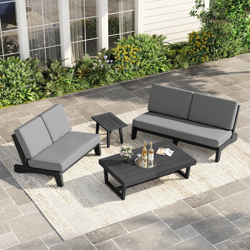 Casual Teak Outdoor Patio Conversation Set with Cushioned Sofa Loveaseat - Dark Wood - Grey-4 Piece