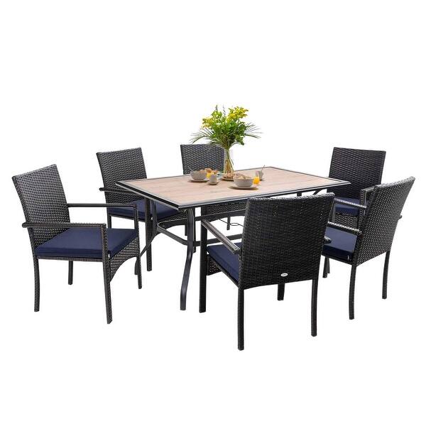 Phi Villa Seats Up To 7 Patio Dining Set Wood Top Patio Table With Umbrella Hole Stackable Poly Wicker Chairs On Sale Overstock 32362265