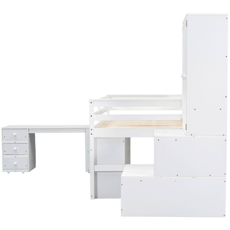 Full Size White Loft Bed with Storage, Desk, Drawers, and Shelves