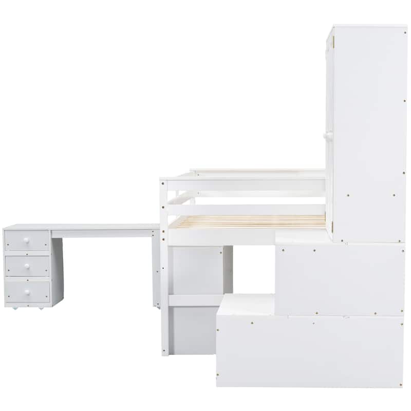 White Full Size Wooden Loft Bed with Integrated Wardrobe, Under-bed Desk, and Shelves