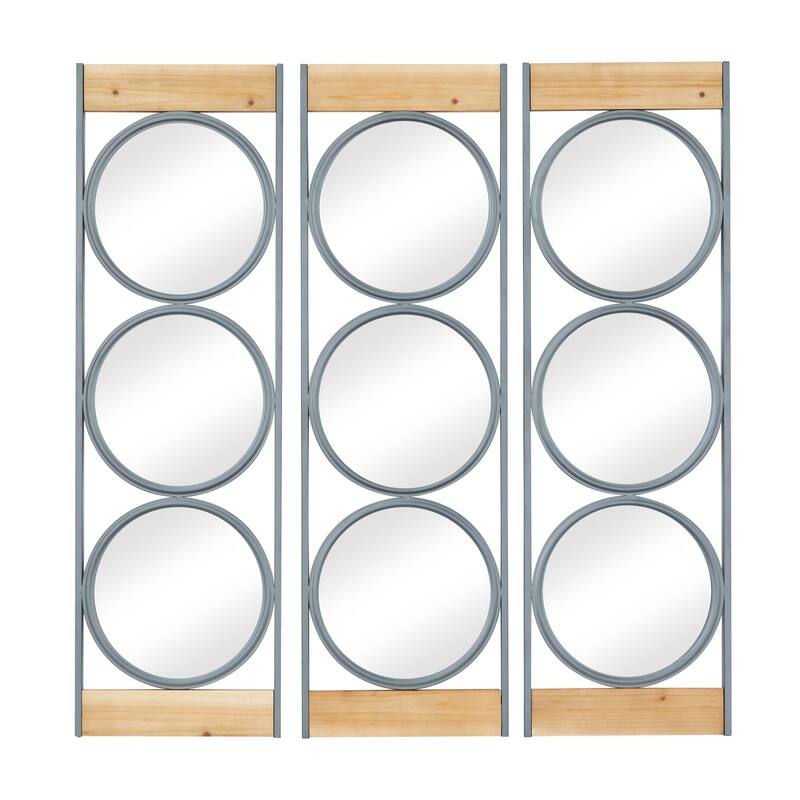 Black Metal Wall Mirror with Wood Accents (Set of 3) - 37 x 11 x 1