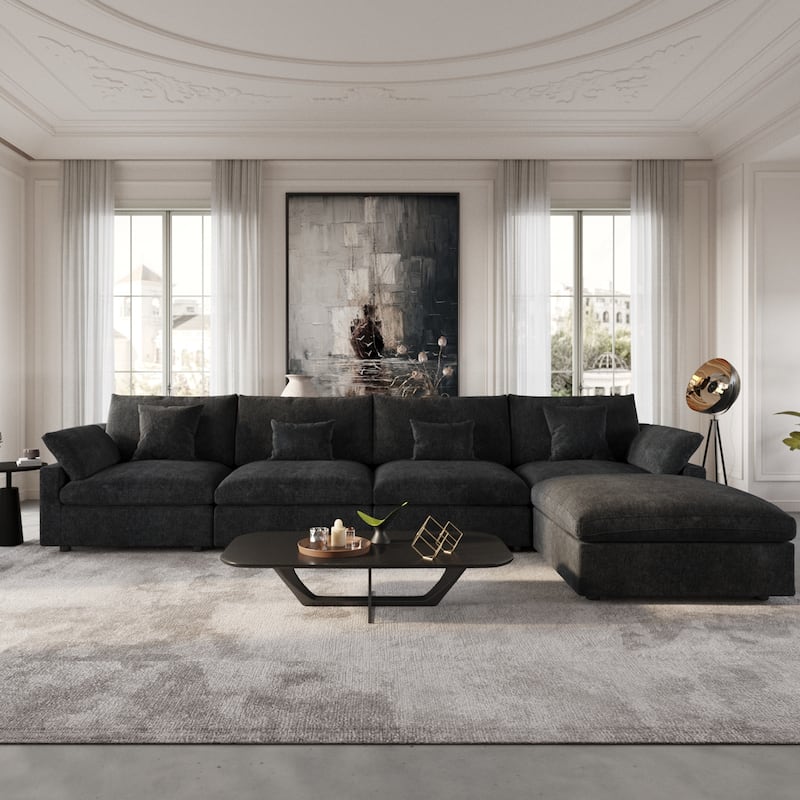 Modular Sectional Sofa Cloud Couch with Ottoman, 119'' L Shaped Linen Blend Fabric Minimalist Sectional Sofa for Living Room - 4+1(black)