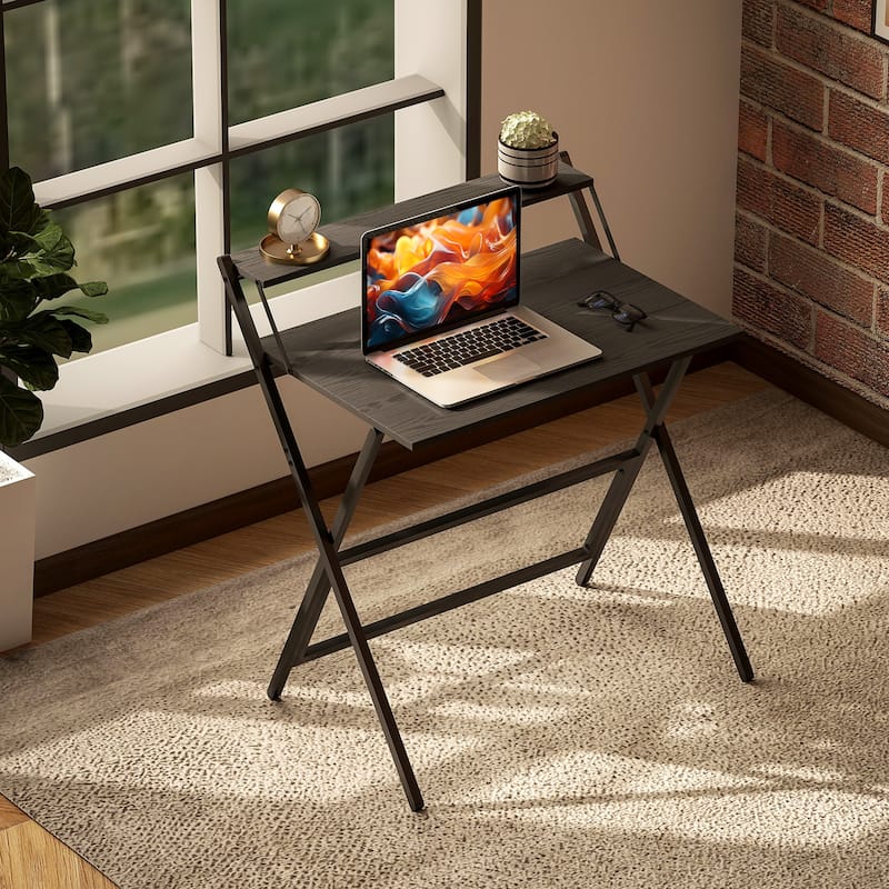 HOMCOM Small Folding Desk, 32 Inch Foldable Computer Desk with Monitor Shelf, Space Saving Portable Writing Table