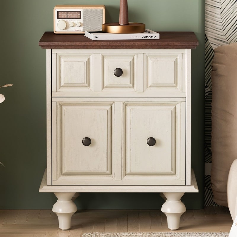 Vintage 2-Drawer Nightstand with Solid Wood Legs for Bedroom Storage Organization - Antique White(1-Piece)