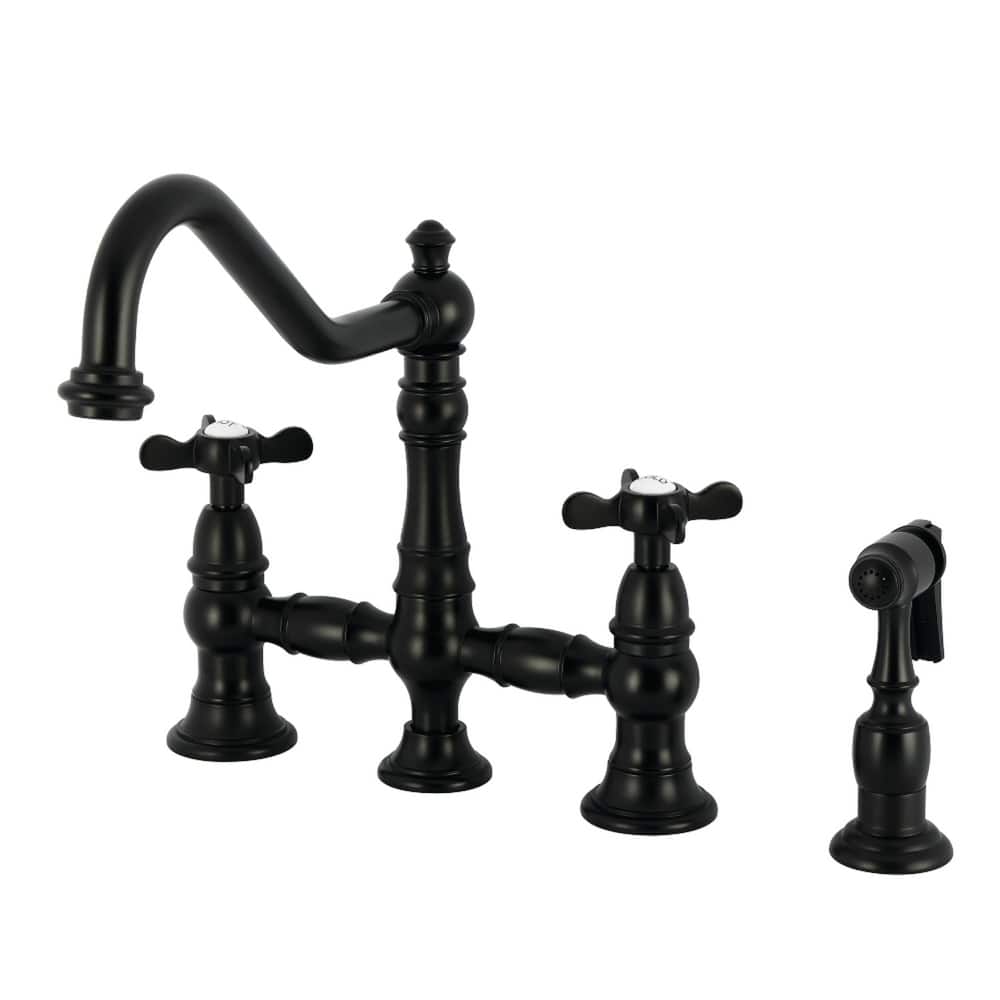 Kingston Brass Essex Two-Handle 4-Hole Deck Mount Bridge Kitchen Faucet with Brass Side Sprayer