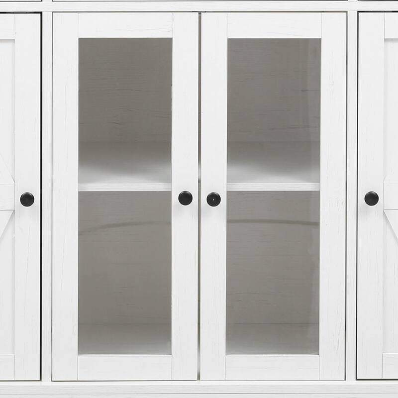 53'' Farmhouse Kitchen Island with Two Tempered Glass Cabinet Doors, Drop Leaf, 5 Open Side Racks and 3 Drawers