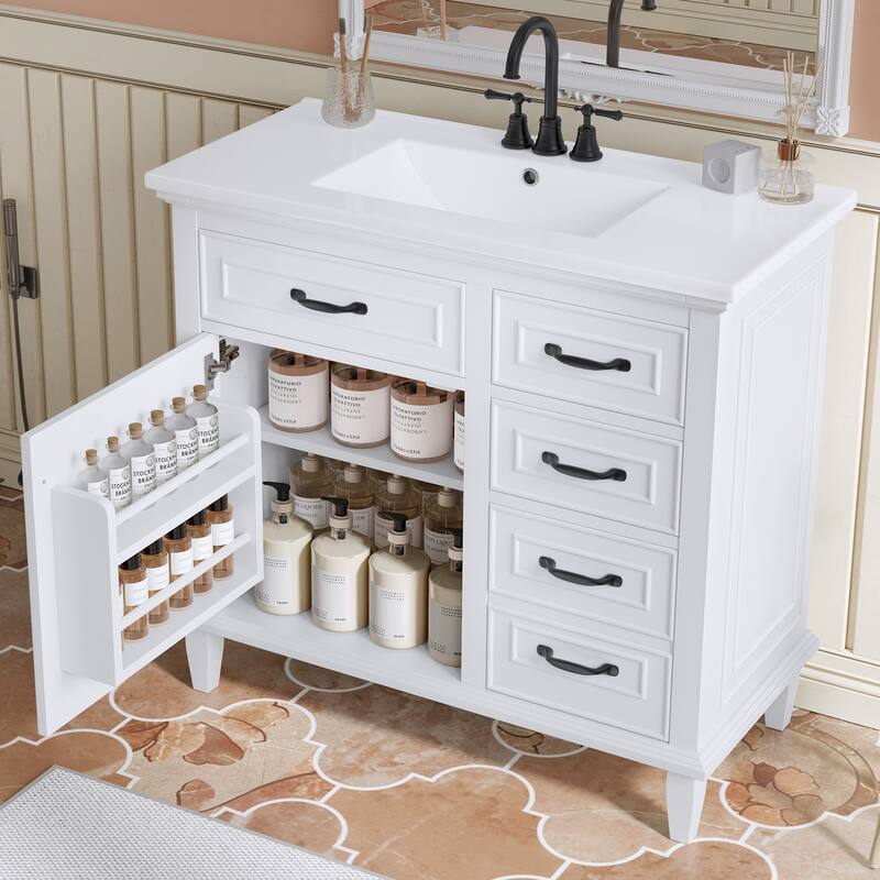 Roomfitters 36" Bathroom Vanity with Sink, Solid Wood Frame, 2 Flip Drawers & Soft-Close Cabinet with Door Rack