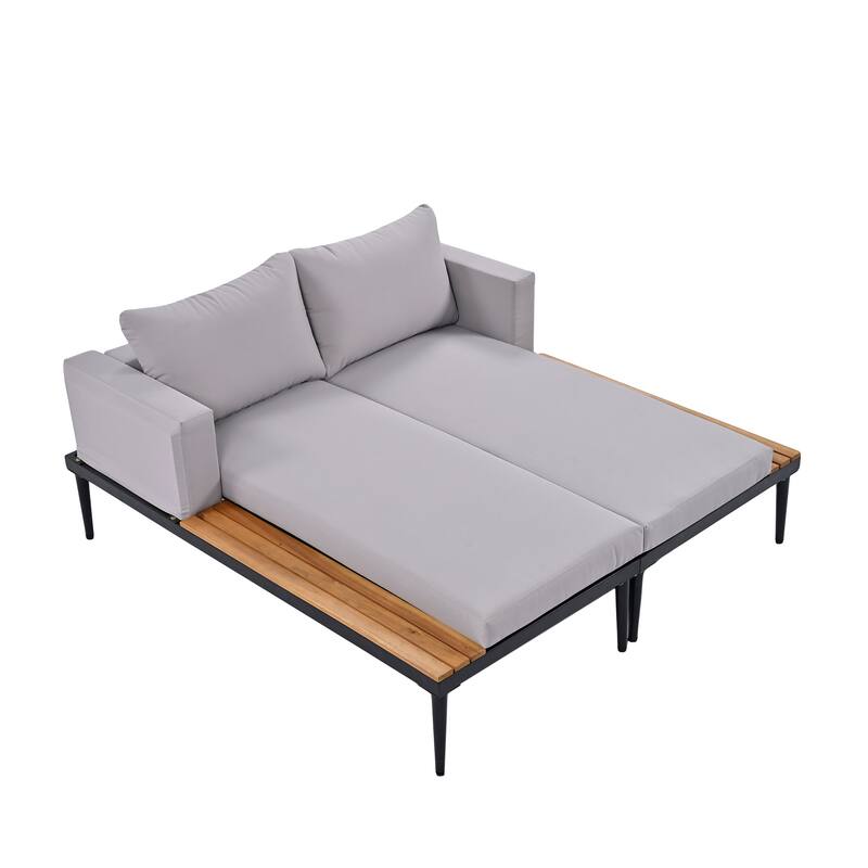 Modern Outdoor Daybed Patio Metal Daybed, 2 in 1 Padded Chaise Lounges for Poolside, Balcony, Deck, Beige