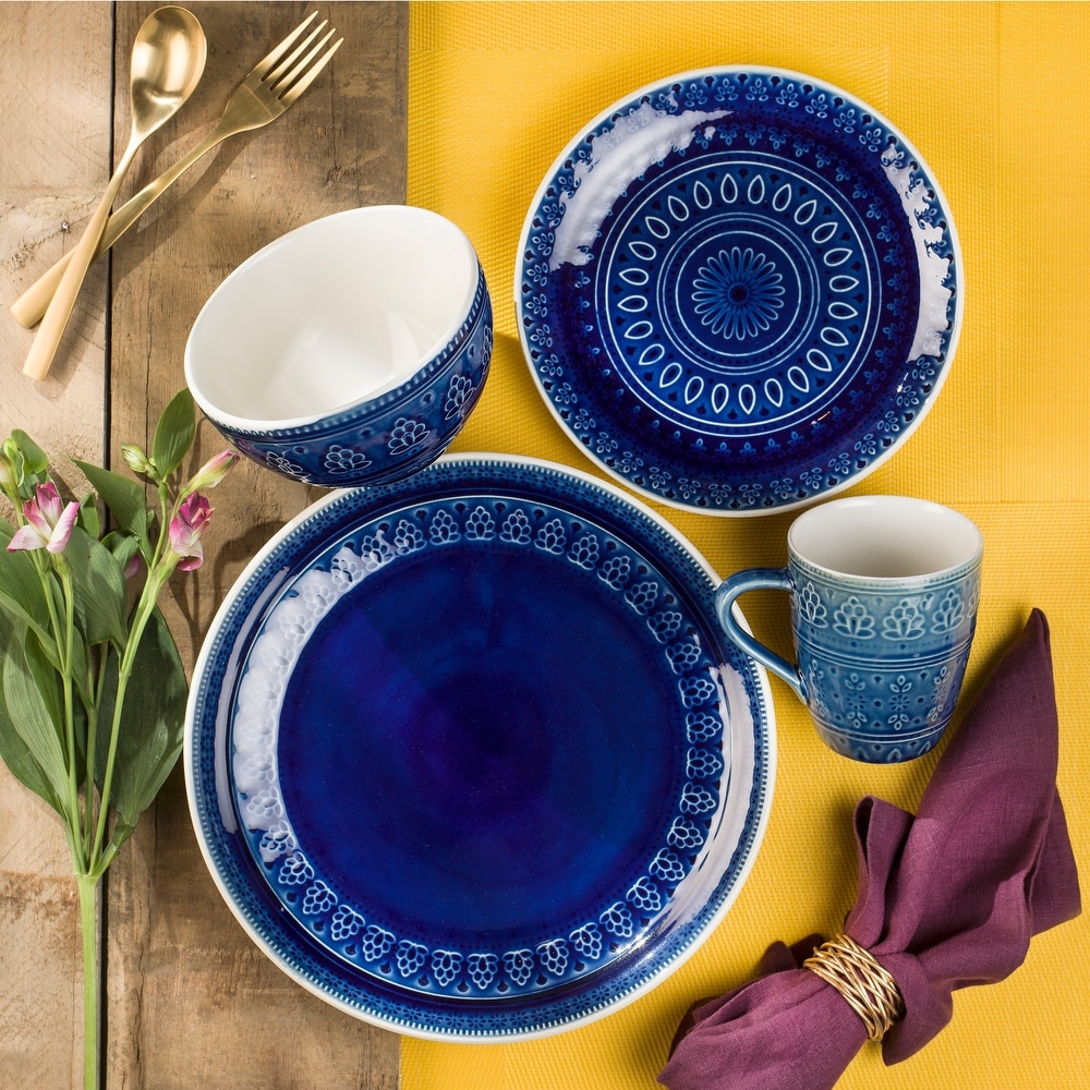 overstock.com | Euro Ceramica Fez Reactive 16 Piece Crackle-Glaze Stoneware Dinnerware Set (Service for 4) - Blue