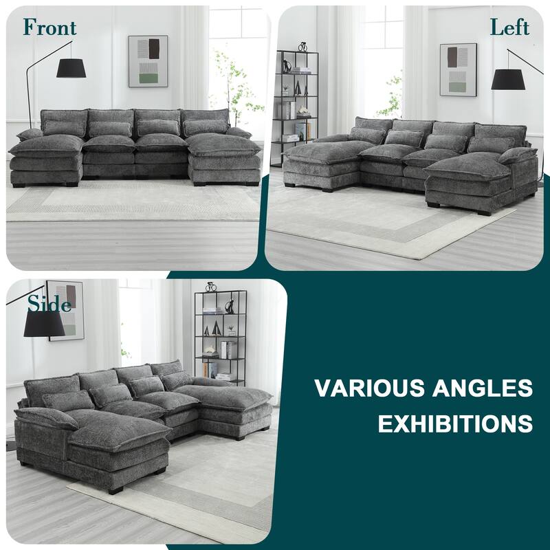 Modern Large chenille Fabric U-Shape Sectional Sofa with Ottomans, Reversible Sofa Couch for Living Room