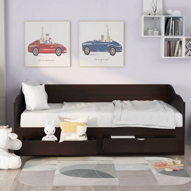 Wooden Daybed with Trundle Bed and Two Storage Drawers - Espresso
