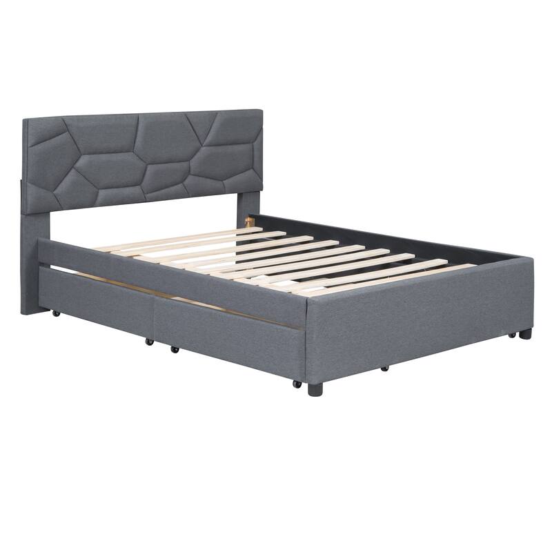Full/Queen Size Upholstered Platform Bed with Stylish Brick Pattern Headboard, Trundle & 2 Drawers, Linen Fabric Comfort