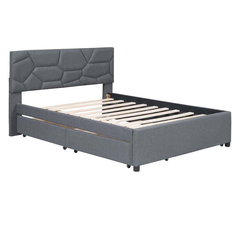 Upholstered Platform Bed with Brick Pattern Headboard, with Trundle and 2 Drawers, Linen Fabric - Gray