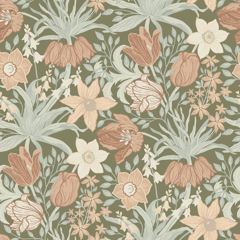 A-Street Prints Cecilia Moss Tulip and Daffodil Wallpaper
