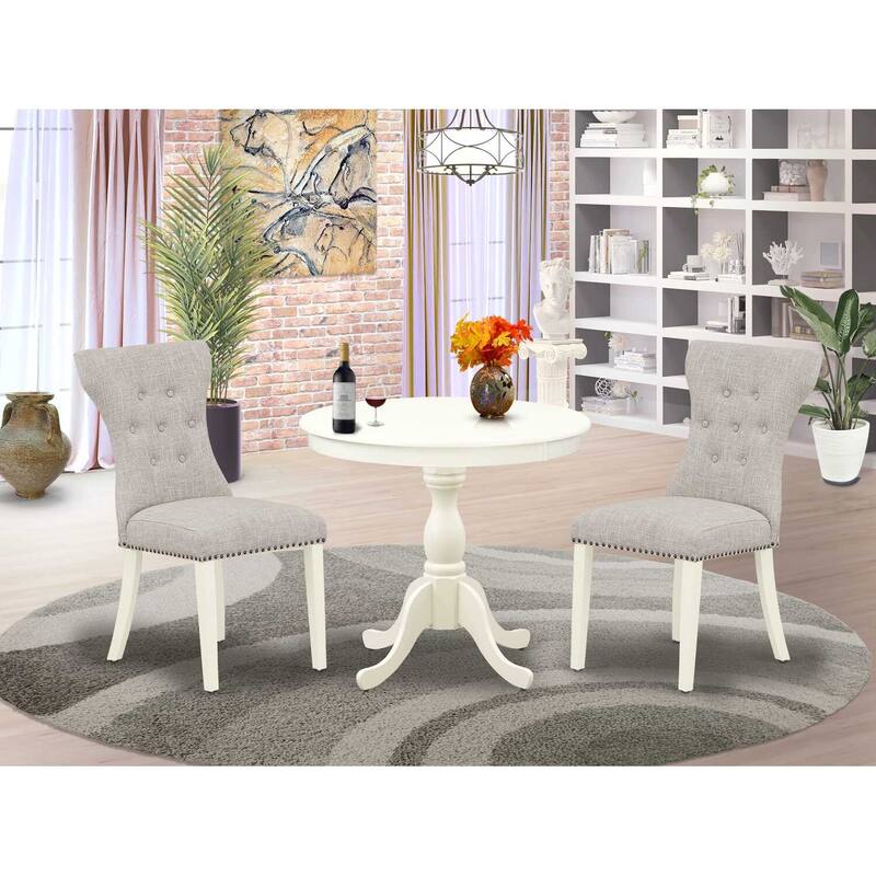 3-Piece Linen White Finish Solid Wood Top - Button Tufted Upholstered Dining Room Set - Seats 4