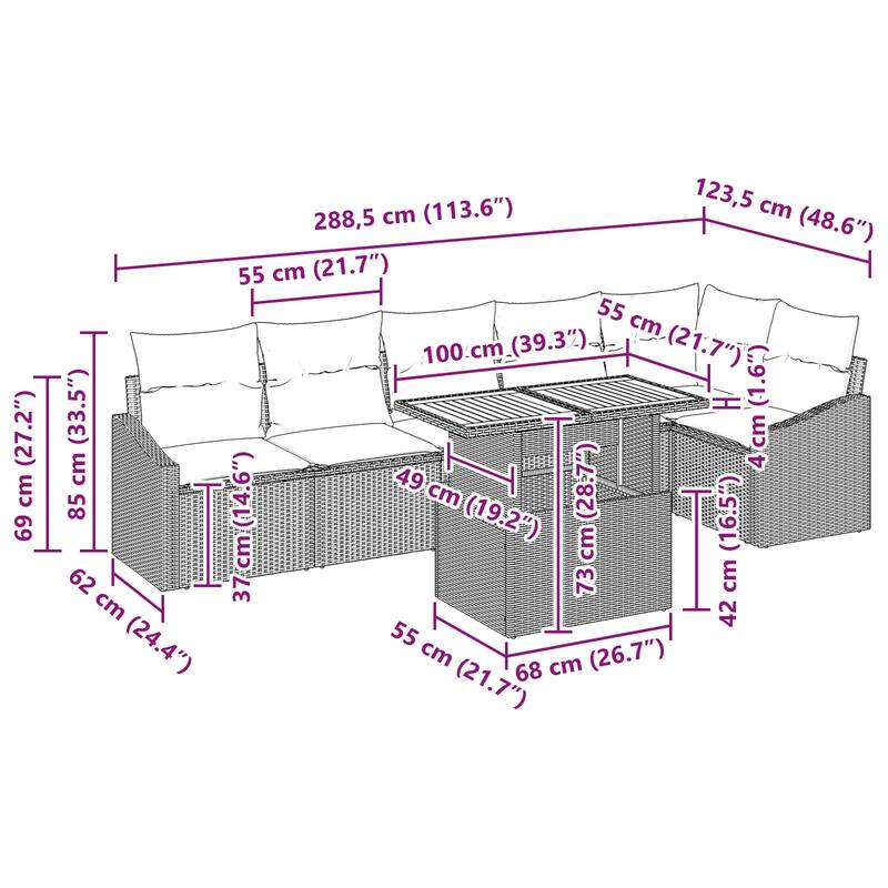 vidaXL 7 Garden Sofa Set with Cushions Black/Grey Poly Rattan - 113.6 x 48.6 x 27.2