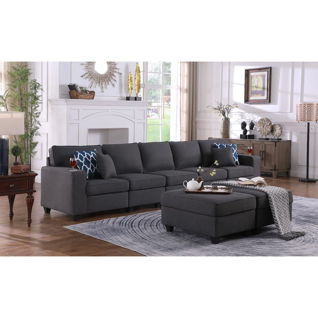 Linen Upholstered 5-Seater Sofa with 2 Ottomans in Dark Gray