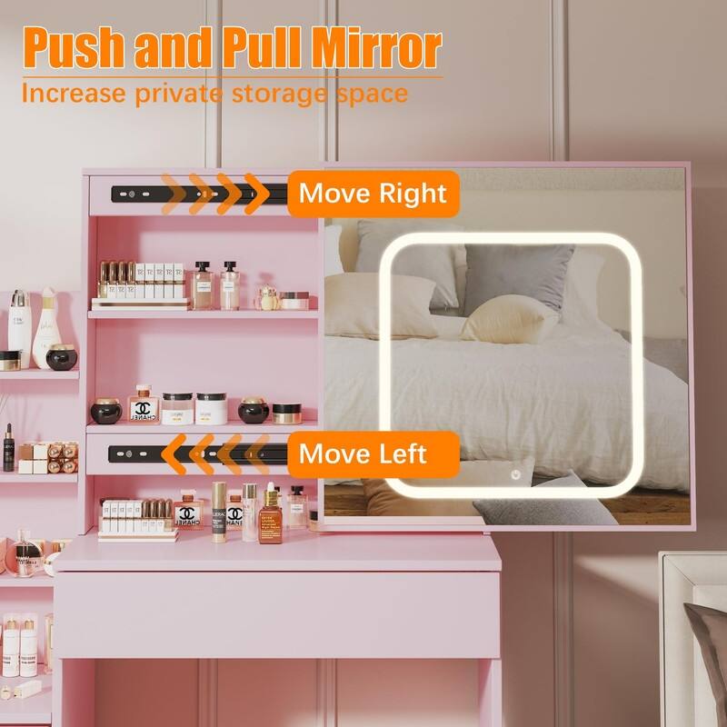 Vanity Desk with Sliding Mirror, Charging Station, 4 Drawers, Shelves, Stool