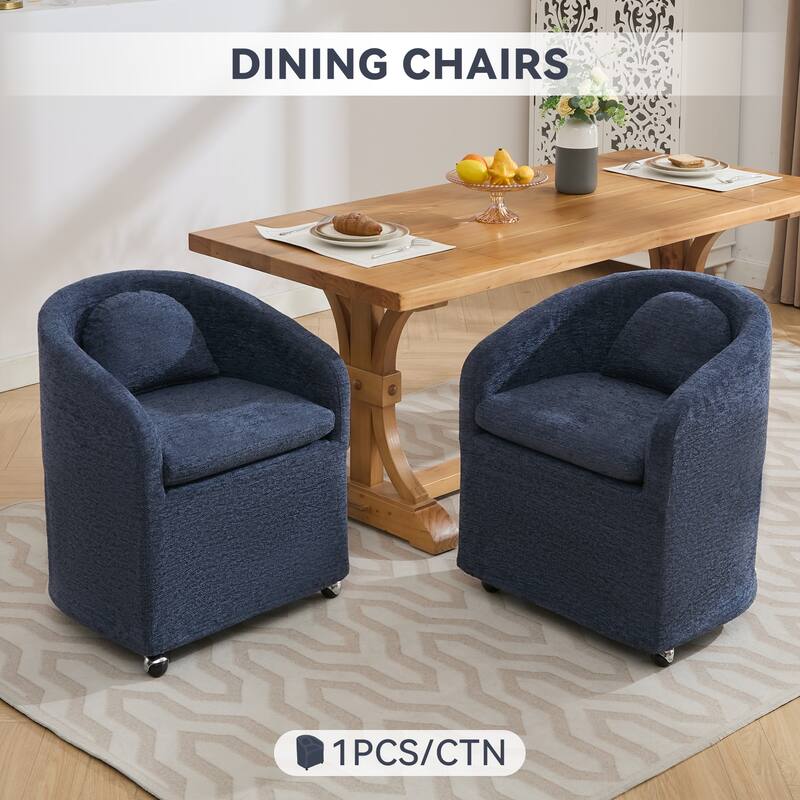 Single Chenille Fabric Dining Chair with 360° Revolving Wheels and Back Cushion
