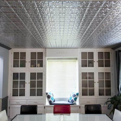 FASÄDE Traditional Style1 Decorative Vinyl 2ft x 4ft Glue Up Ceiling Panel in Brushed Aluminum (5 Pack)