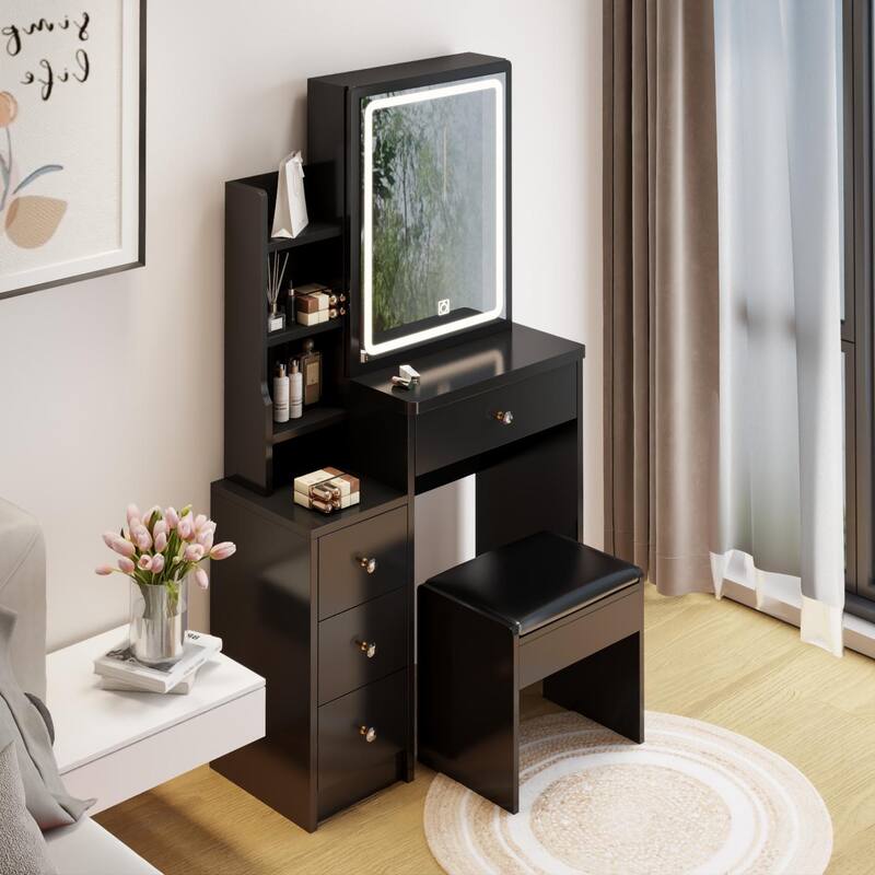 Small Space Left Bedside Cabinet Vanity Table,Cushioned Stool,Extra Large Touch Control Sliding LED Mirror,Tri-color Switching