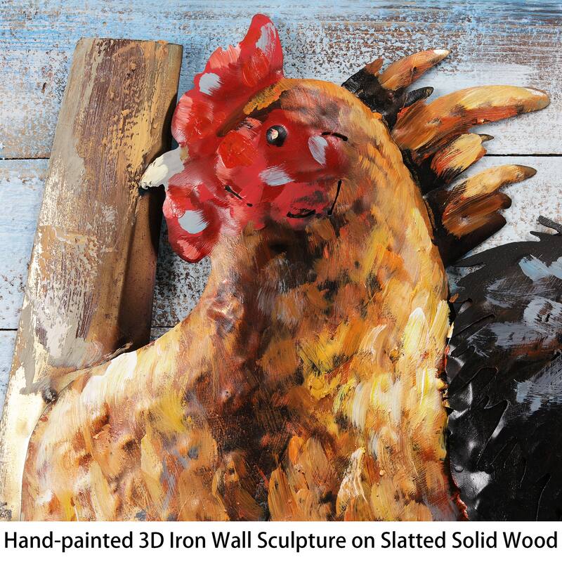 "Chickens" Handed Painted Iron Wall Sculpture on Slatted Solid Wood Wall Art